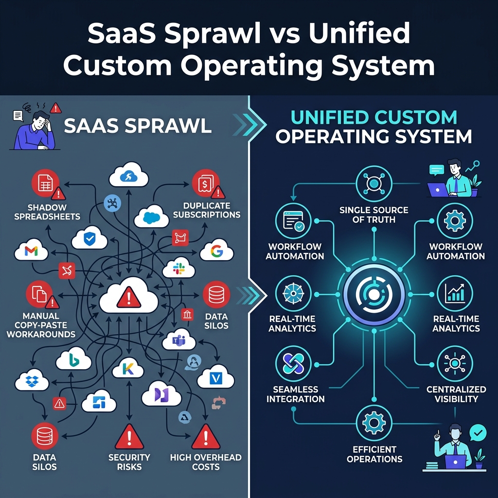 SaaS Sprawl vs Unified Custom Operating System Diagram